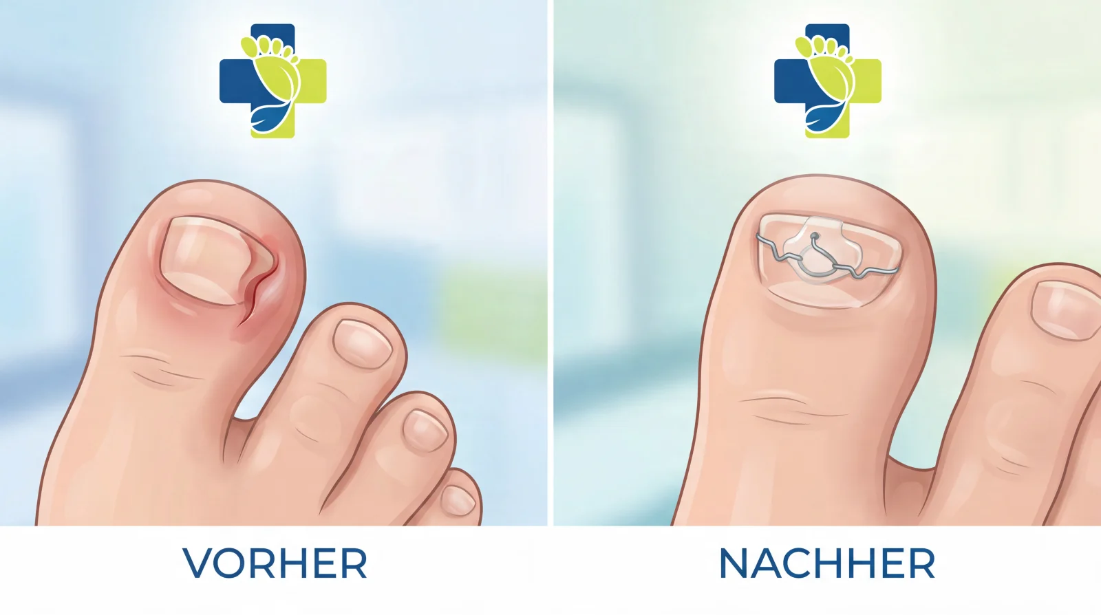 Vorher-Nachher-Vergleich: eingewachsener Nagel vor der Behandlung und mit eingesetzter Nagelspange danach
